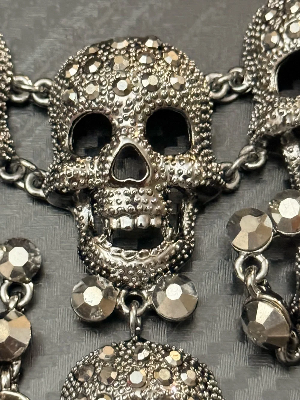 Natasha Couture Gunmetal Rhinestone Gothic Skull Dangle Statement Necklace